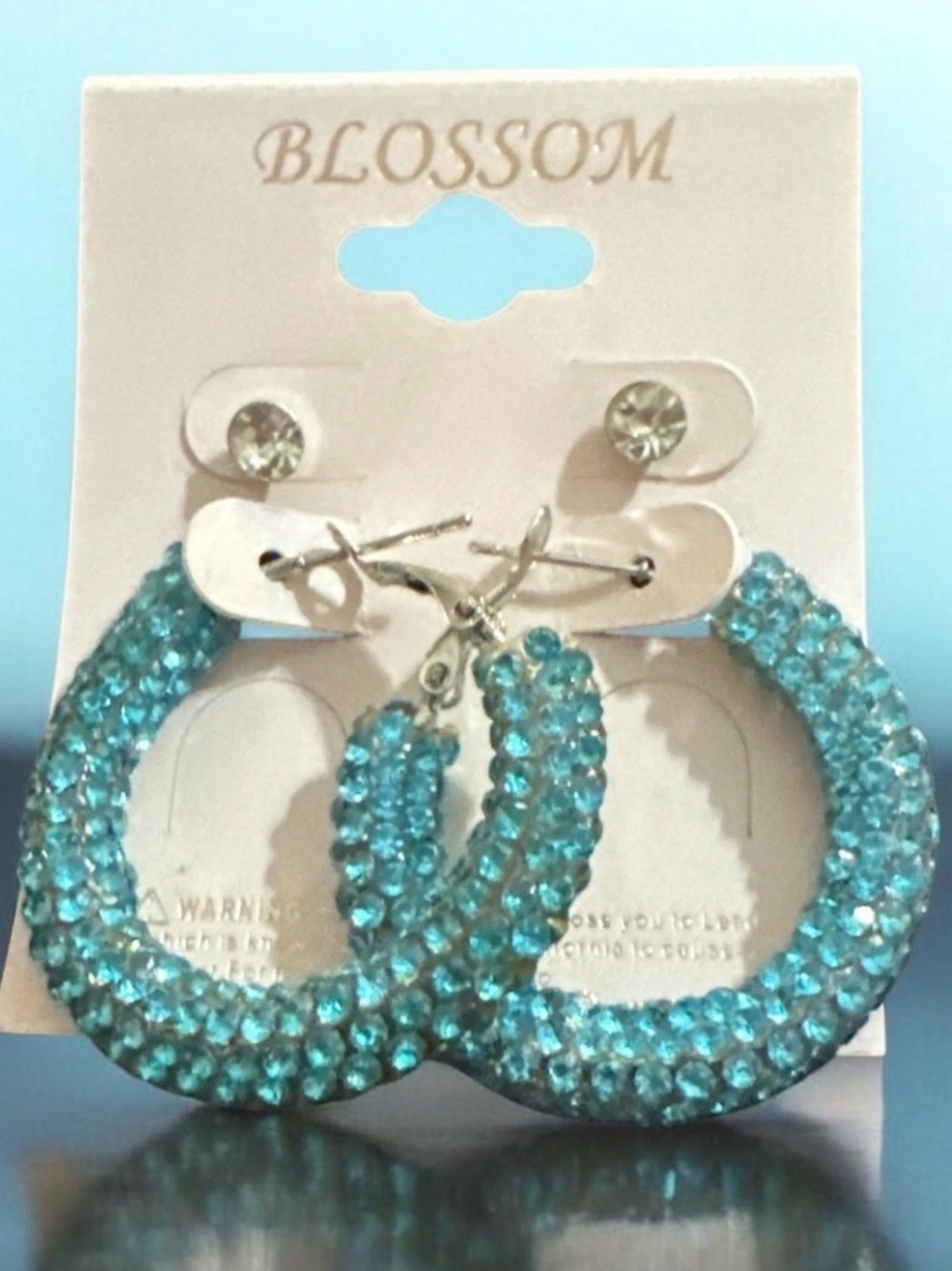 BLOSSOM Turquoise Crystal 1” Hoop Pierced Earrings NEW